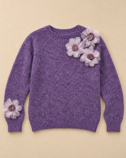 Women's Floral Wool Sweater – Flower Embellished Crewneck Knit Pullover