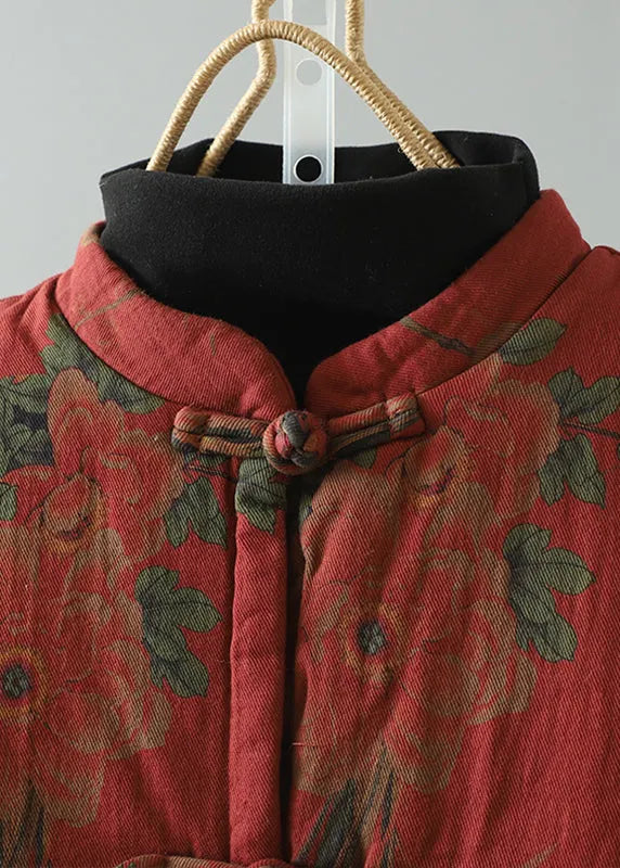 Vintage Red Tassel Print Patchwork Fine Cotton Filled Vest Winter