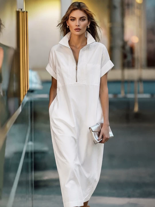 Women's White 100% Cotton Maxi Shirt Dress With Half-Zip Collar & Rolled Sleeves, Timeless Casual Everyday Dress
