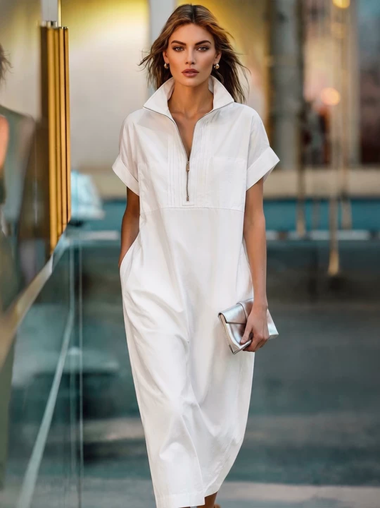 Women's White 100% Cotton Maxi Shirt Dress With Half-Zip Collar & Rolled Sleeves, Timeless Casual Everyday Dress
