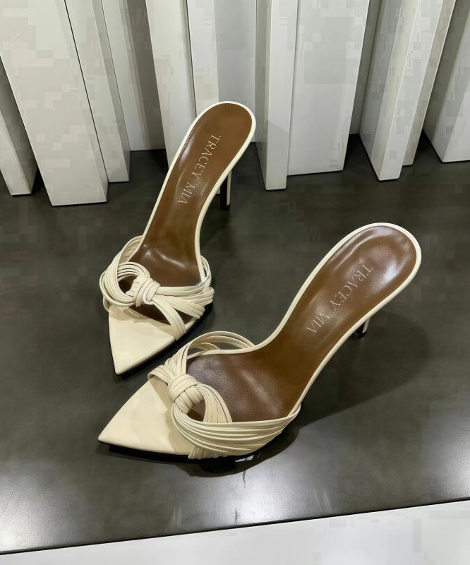 Apricot Faux Leather High Heel Slide Sandals Pointed Toe Peep Toe