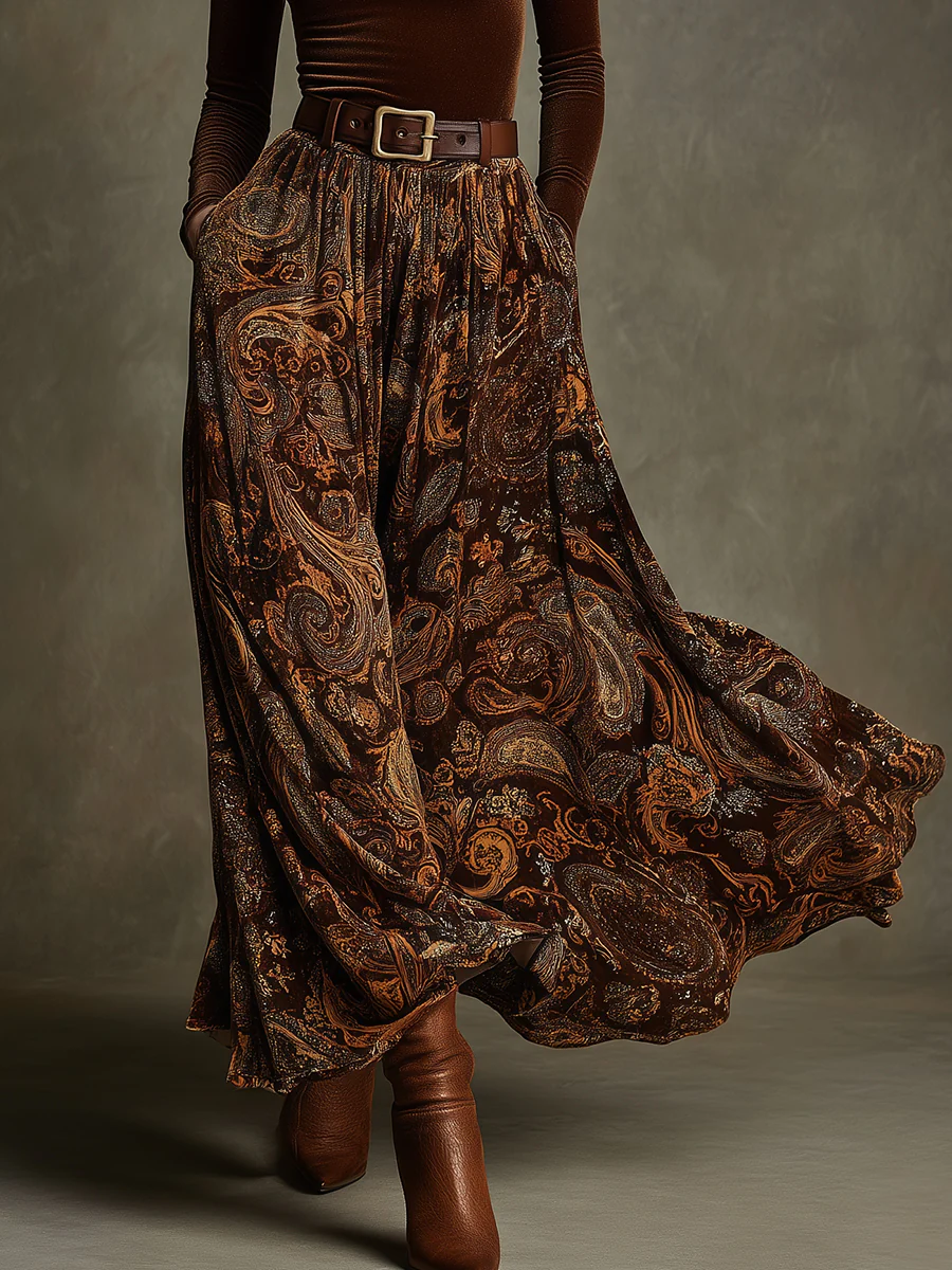 Vintage Stretch Velvet Top and Paisley Print Maxi Skirt Set