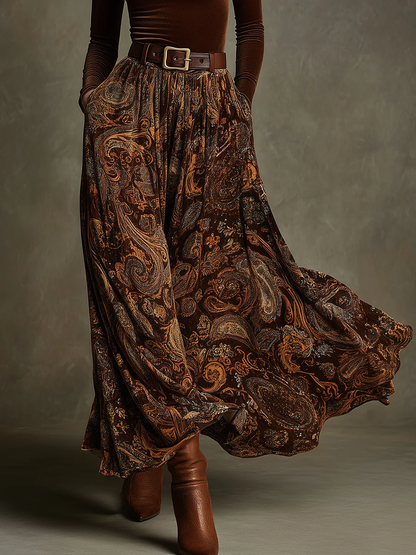 Vintage Stretch Velvet Top and Paisley Print Maxi Skirt Set