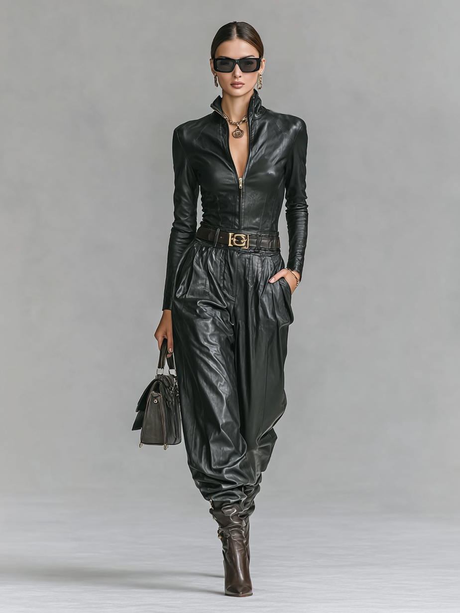 Women's Fashion PU Leather Slim Fit Zipper Stand Collar Shirt Pants Set (Without Belt)