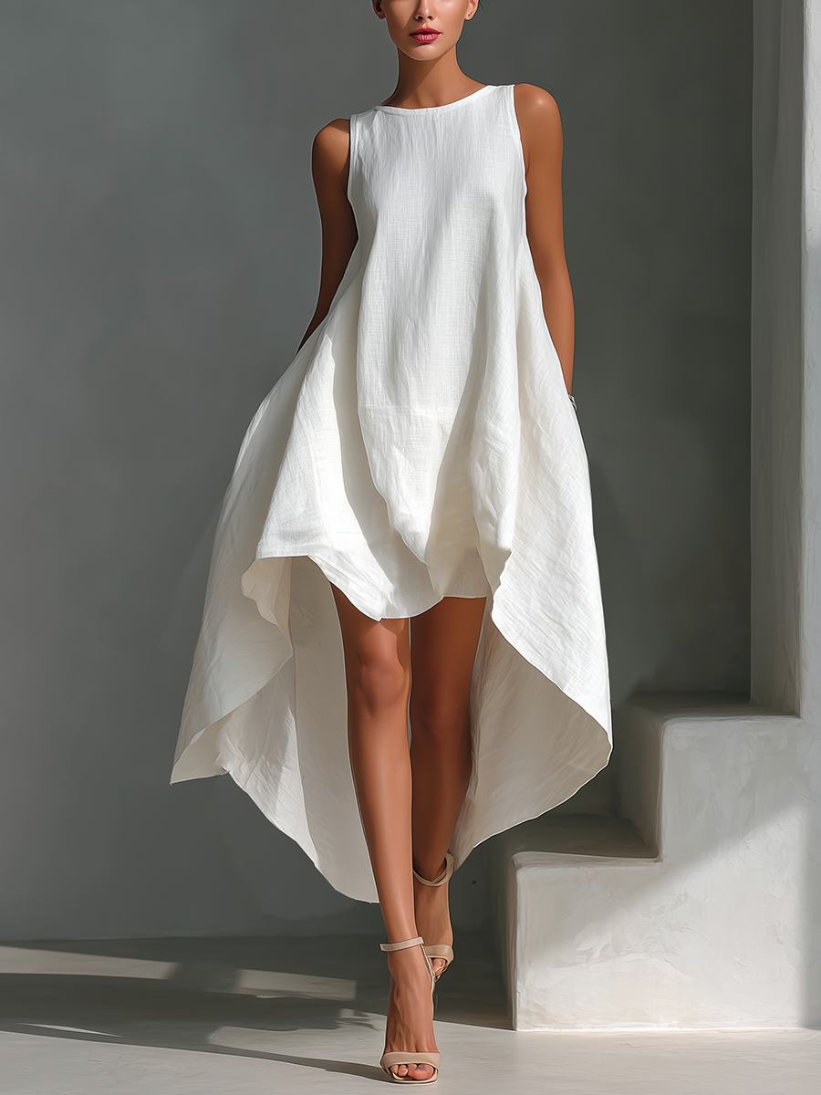 Women's White Linen Fabric Sleeveless Midi Dress With Round Neck & Asymmetric Hem