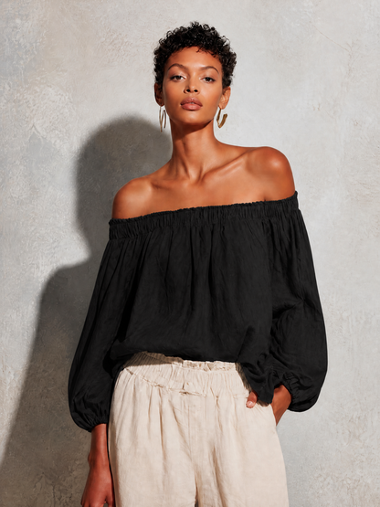 Women's Casual Style Purple Cotton And Linen Off-shoulder Long Lantern Sleeve Top