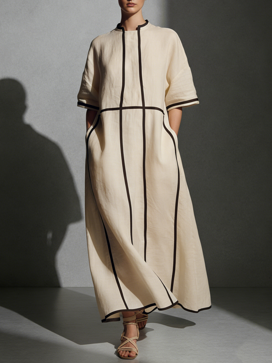Women's Modern Linen Blend Beige Stand-Collar Half-Sleeve Contrast-Line Pocketed Maxi Dress