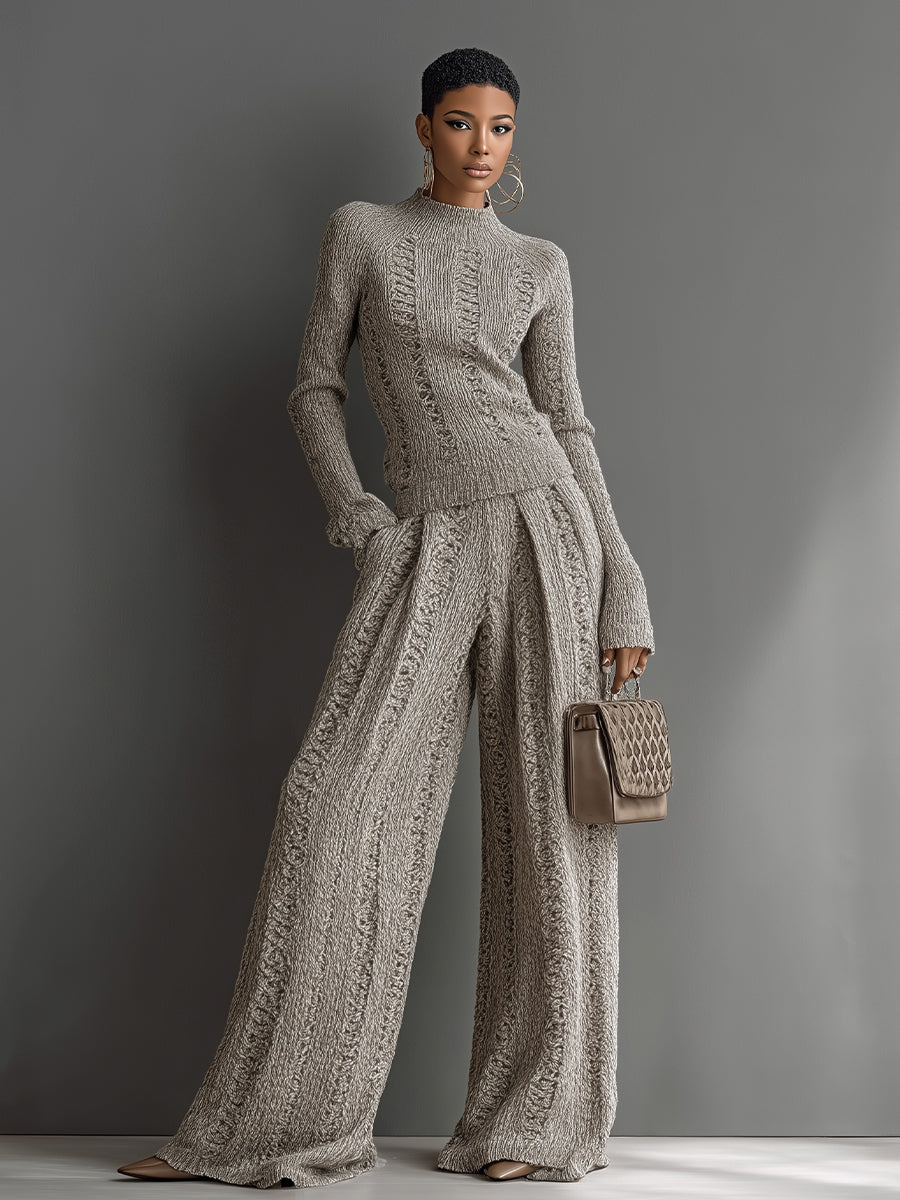 Women's Taupe Elegant Knit Textured Sweater & Wide - Leg Pants Set