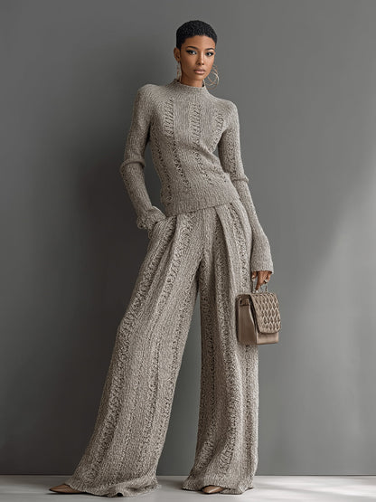 Women's Taupe Elegant Knit Textured Sweater & Wide - Leg Pants Set