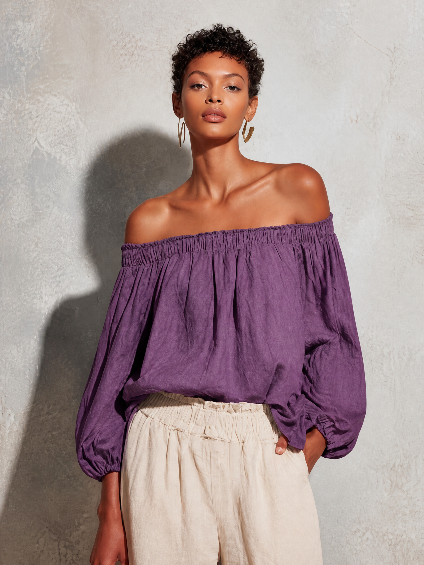 Women's Casual Style Purple Cotton And Linen Off-shoulder Long Lantern Sleeve Top
