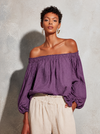 Women's Casual Style Purple Cotton And Linen Off-shoulder Long Lantern Sleeve Top