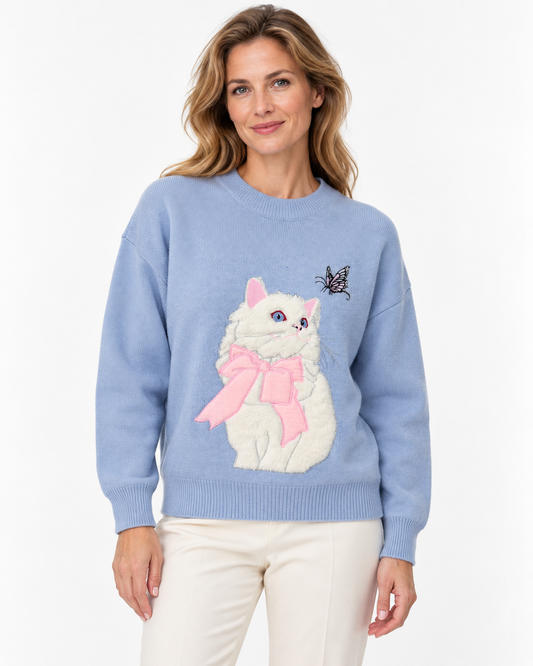 Women's Cat Wool Sweater – Crewneck Long Sleeve Knit Pullover