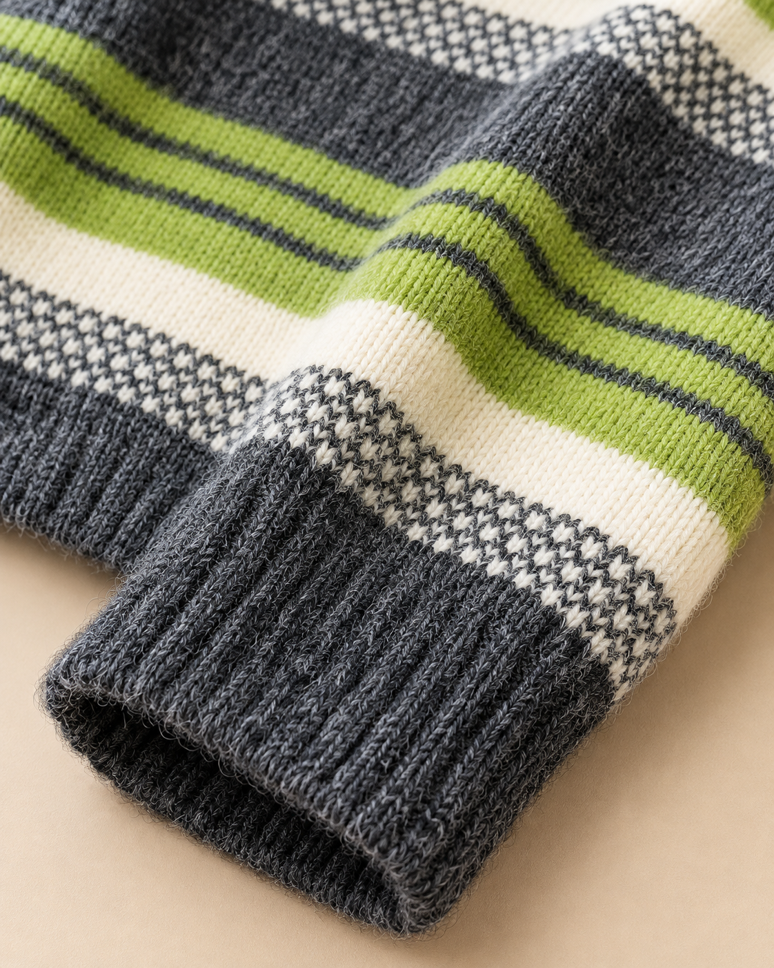 Women's Striped Wool Sweater with Scarf – Green Crewneck Knit Pullover