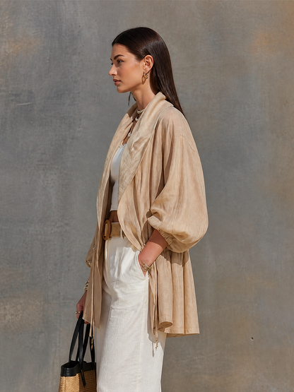 Women's Khaki Linen Blend Sheer Jacket With Lapel Collar Balloon Three Quarter Sleeves & Waist Drawstring, Minimalist Resort Lightweight Oversized Outerwear