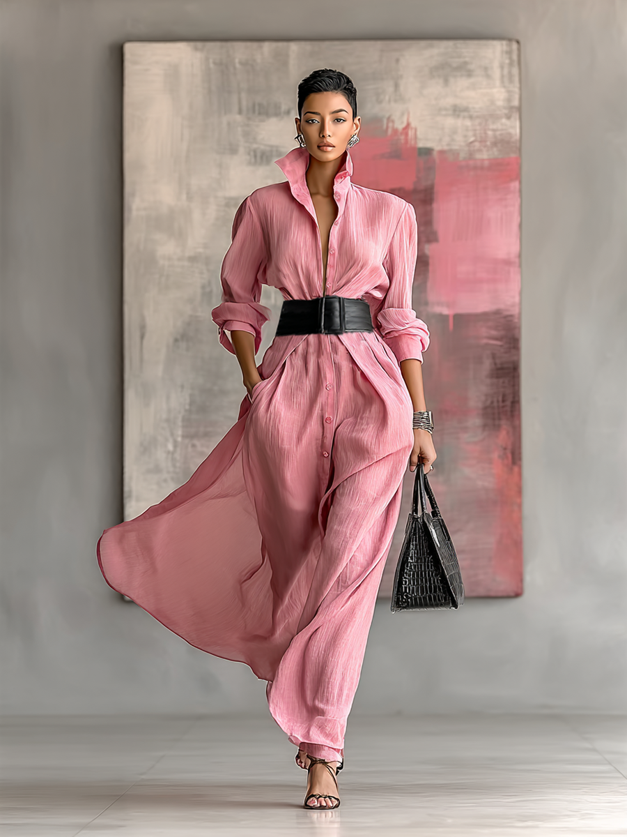 Women's Solid Color Lapel Long Sleeve Single Breasted Belt Maxi Shirt Dress