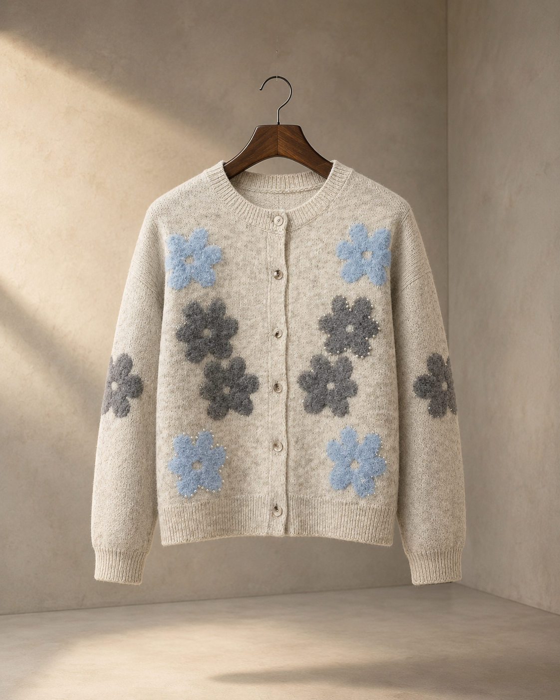 Women’s 3D Floral Wool Cardigan – Pearl-Embellished Button-Front Sweater for Early Fall
