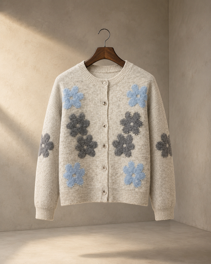 Women’s 3D Floral Wool Cardigan – Pearl-Embellished Button-Front Sweater for Early Fall
