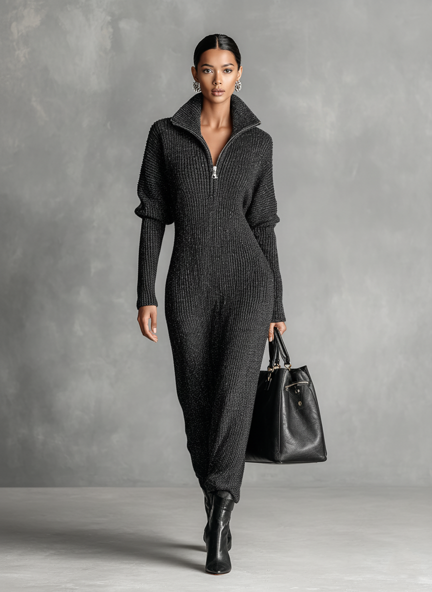 Women's Minimalist Solid Color Zipper Neck Knitted Maxi Dress