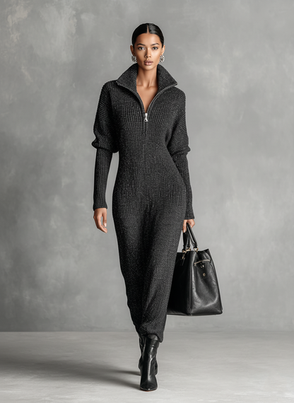 Women's Minimalist Solid Color Zipper Neck Knitted Maxi Dress
