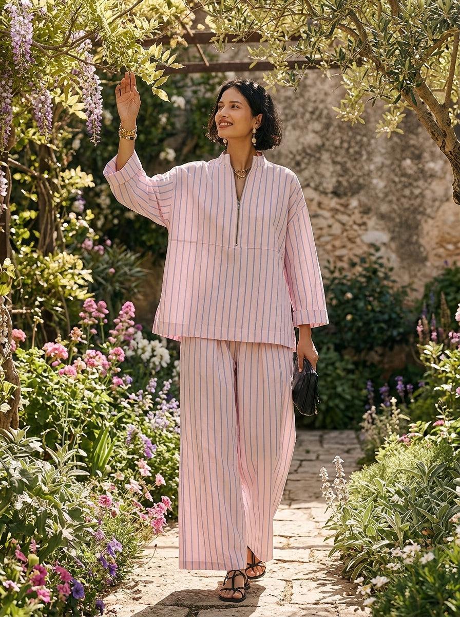 Women's Minimalist Half-Zip Long-Sleeve Top & Wide-Leg Pants Set