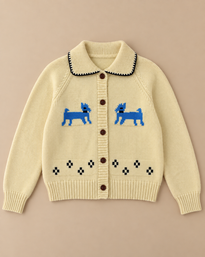Women's Dog Wool Cardigan – Contrast Collar Button-Up Knit Sweater