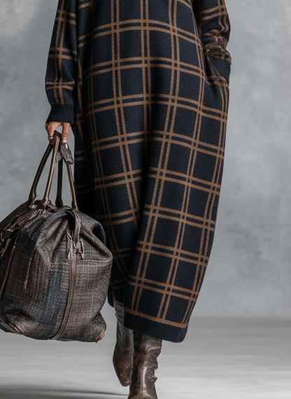 Women's Loose Plaid Zipper Neck Knitted Maxi Dress