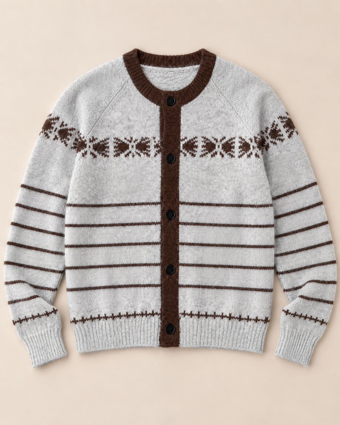 Women's Fair Isle Wool Cardigan – Striped Crewneck Button-Up Sweater