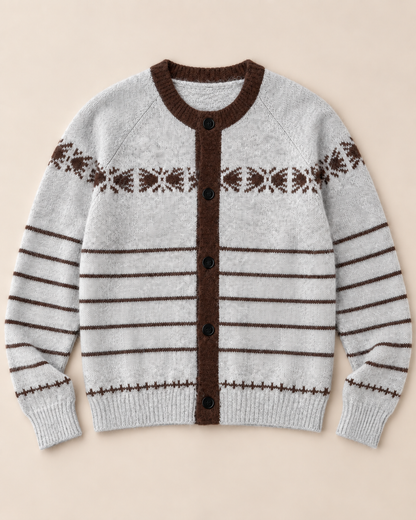 Women's Fair Isle Wool Cardigan – Striped Crewneck Button-Up Sweater