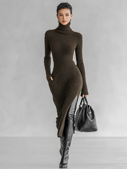 Women's Slim Fit Plush Knitted High Neck Side Slit Midi Dress