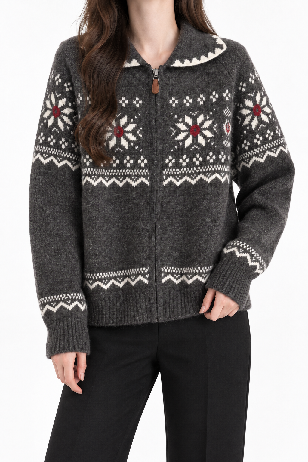 Women's Fair Isle Half-Zip Pullover Sweater – Nordic Snowflake Knit Top