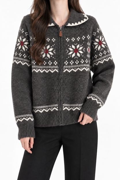 Women's Fair Isle Half-Zip Pullover Sweater – Nordic Snowflake Knit Top