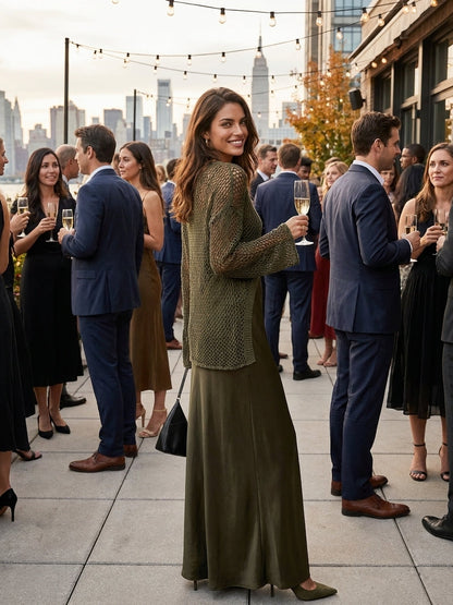 Women's Minimalist Satin Camisole Dress And Knit Cover-up Set