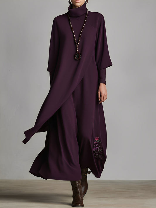 Women's Plum Draped Cotton-Blend Jersey Elegant Turtleneck Embroidered Maxi Dress