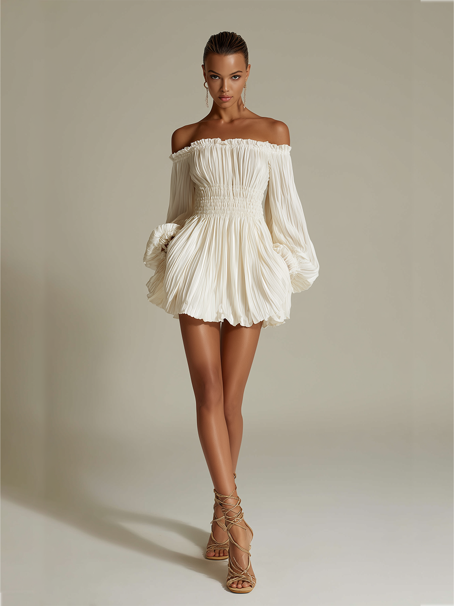 Women's Ivory Pleated Dress With Off-Shoulder Neckline & Ruched Waist, Timeless Sexy-Elegant Style Dress
