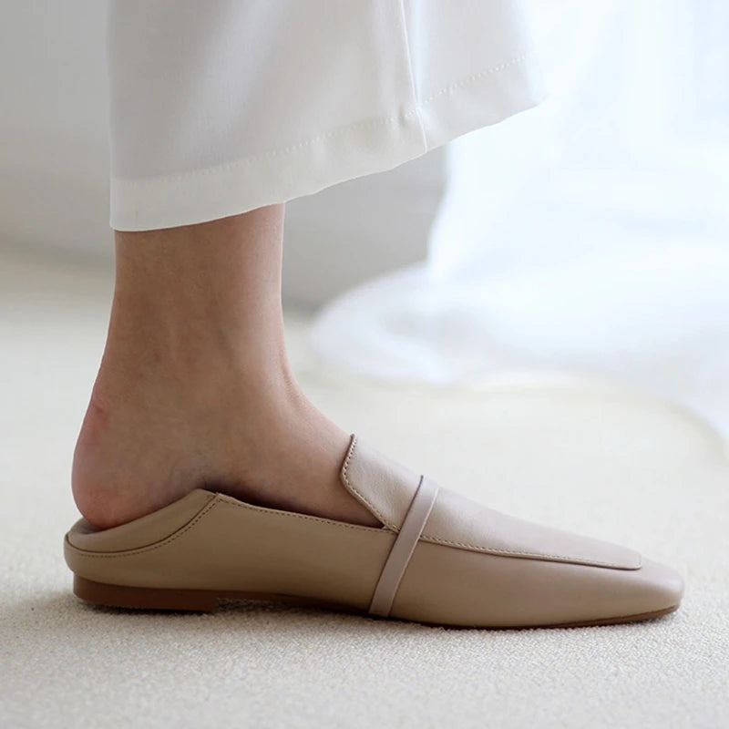 Cow Leather Square Toe Women Flats Casual Loafers Women Shoe Without Heel  New Spring Autumn Mules Woman Simple White Shoes