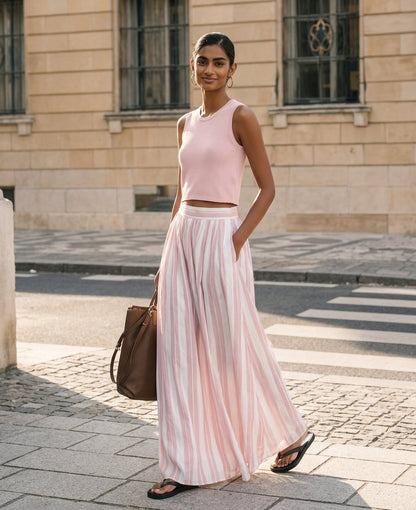 Women's Casual Pink Stretch-knit Sleeveless Round-neck Top Paired With A Woven Pink Printed Maxi Skirt