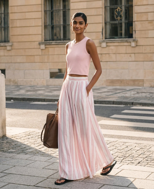 Women's Casual Pink Stretch-knit Sleeveless Round-neck Top Paired With A Woven Pink Printed Maxi Skirt