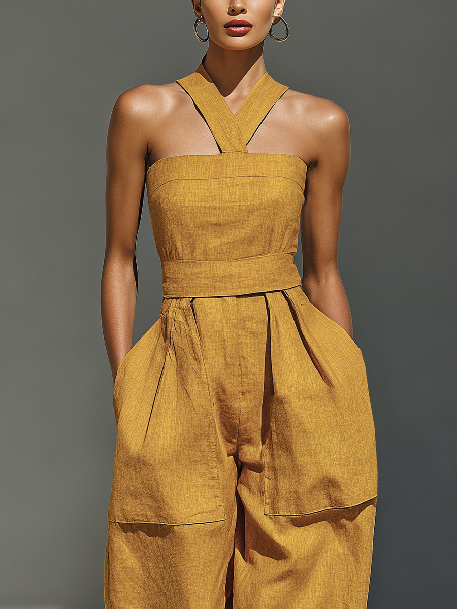 Women's Mustard Yellow Linen-Blend Jumpsuit With Crisscross Neckline & Relaxed Trousers