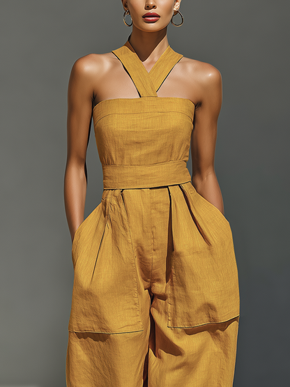 Women's Mustard Yellow Linen-Blend Jumpsuit With Crisscross Neckline & Relaxed Trousers