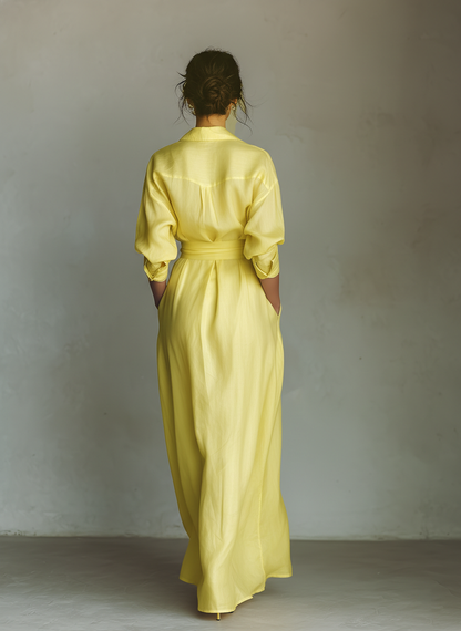 Women's Lemon Yellow Cotton And Linen Blend Maxi Shirt Dress With Tie Waist & Half Sleeves