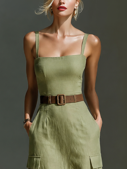 Women's Olive Green Linen Fabric Sleeveless Midi Dress With Cargo Pockets & Belted Waist