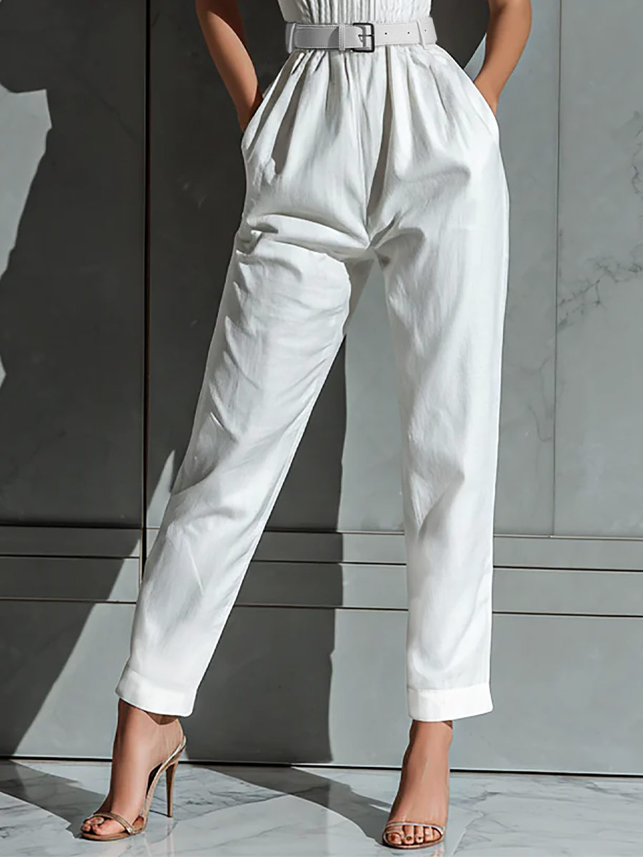 Women's Ivory Cotton And Linen Blend Wide-Leg Jumpsuit With Cinched Waist