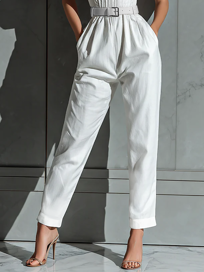 Women's Ivory Cotton And Linen Blend Wide-Leg Jumpsuit With Cinched Waist