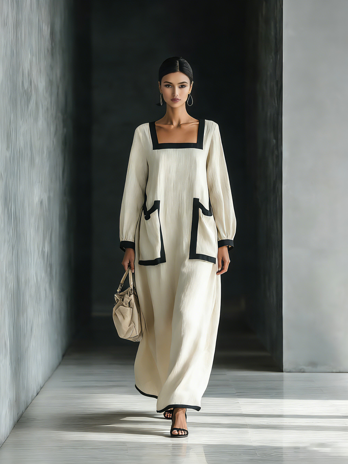 Women's Beige Cotton And Linen Blend Square-Neck Maxi Dress With Black Trim & Oversized Pockets