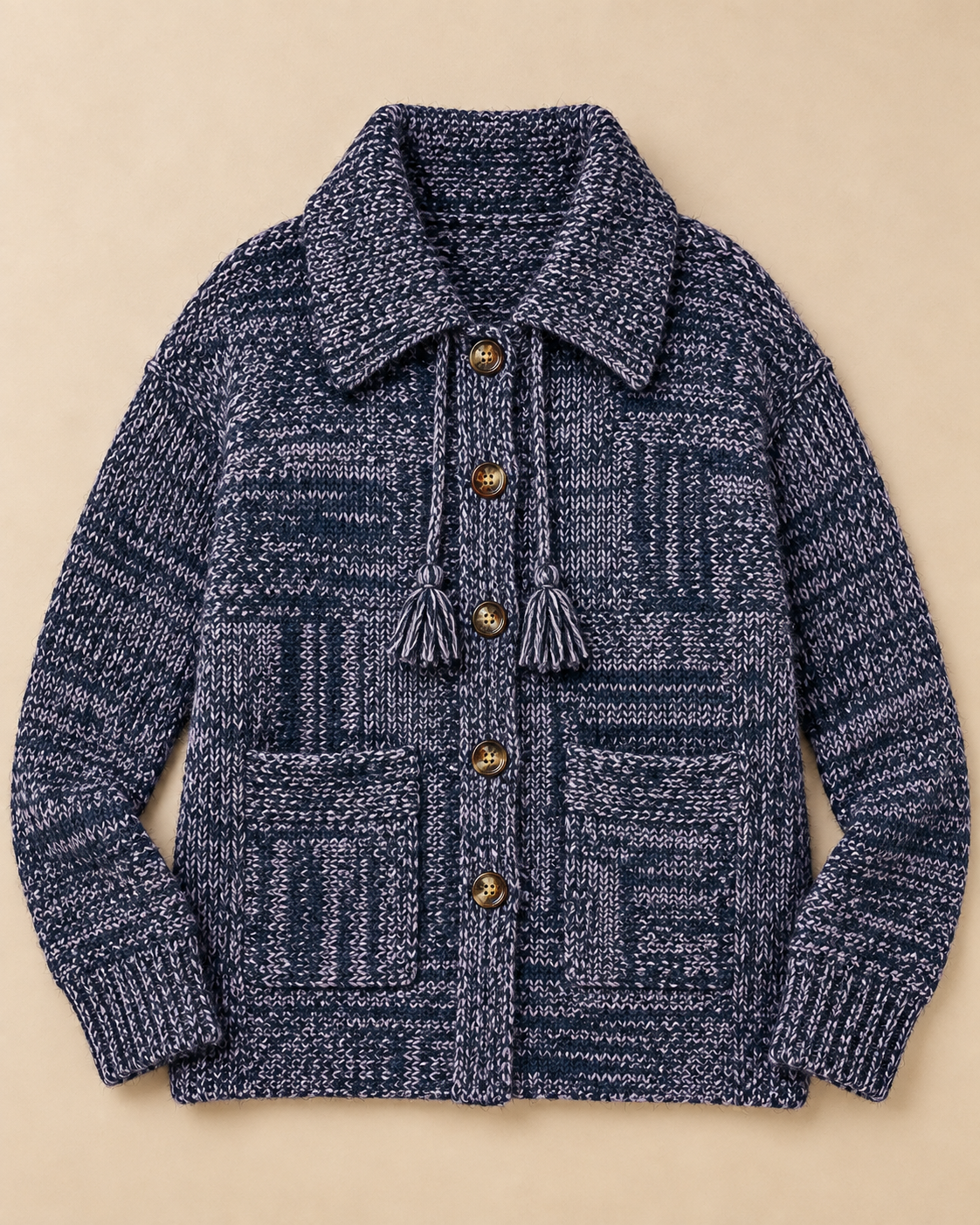 Women's Textured Wool Cardigan – Collared Button-Up Sweater with Pockets