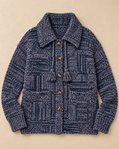 Women's Textured Wool Cardigan – Collared Button-Up Sweater with Pockets