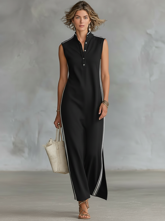 Women's Minimalist Athletic-Style Sleeveless Henley Maxi Dress