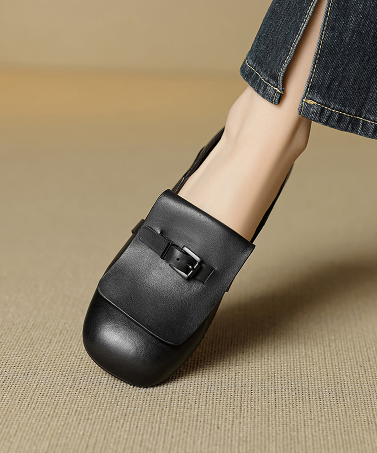 Beige Cowhide Leather Splicing Loafers
