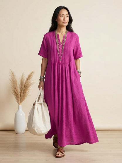 Plus Size Rose V Neck Pockets Cotton Long Dress Summer