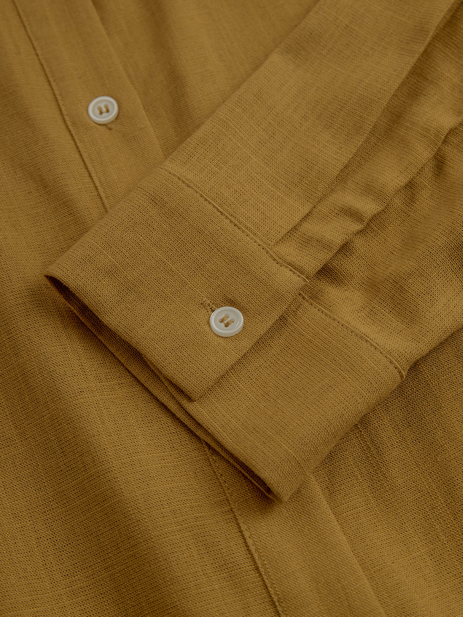 Women's Mustard Elegant Linen Blended Button - Front Belted Midi Shirt Dress